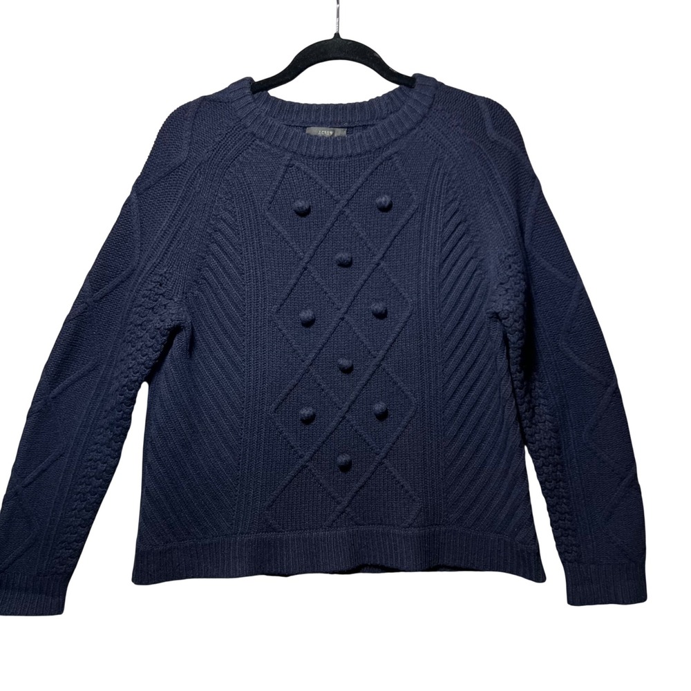 J.Crew Navy Blue 100% Wool Sweater Bobble Diamond Cable Knit‎ Crewneck Medium